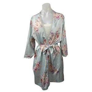 NEW Le Rose Women's Blue Floral Silk Satin Lace Bridal Long Sleeve Robe Size S/M